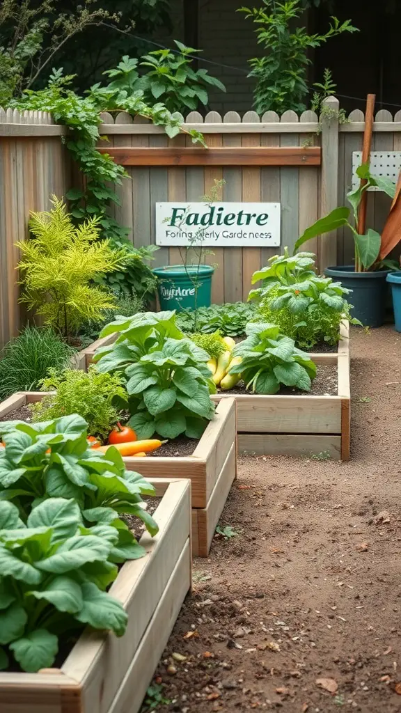 Raised garden beds filled with vegetables in a small backyard setting.