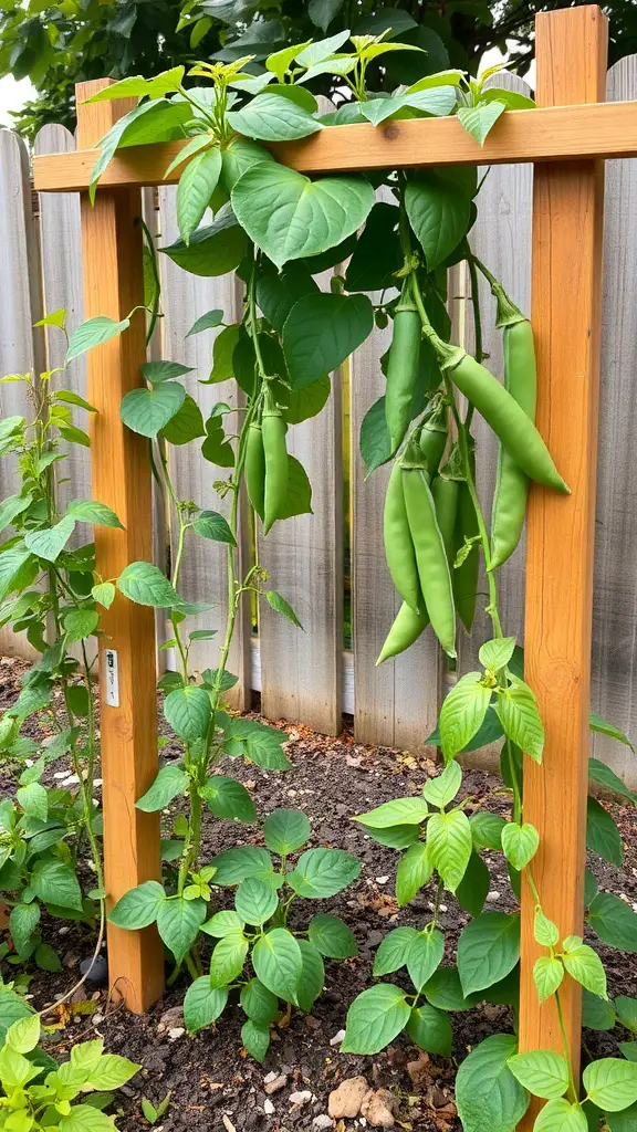 A wooden trellis with climbing plants and pea pods in a small garden.