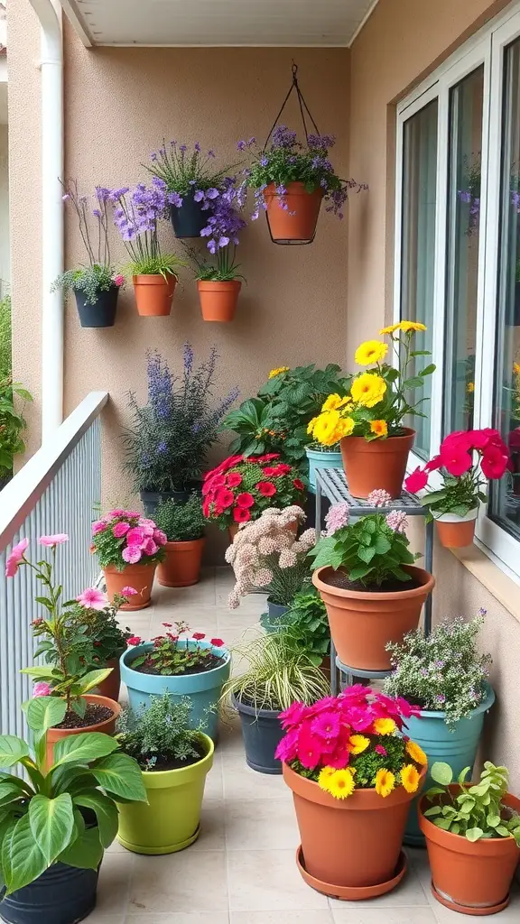 A colorful display of potted plants on a balcony, featuring various flowers in different containers.