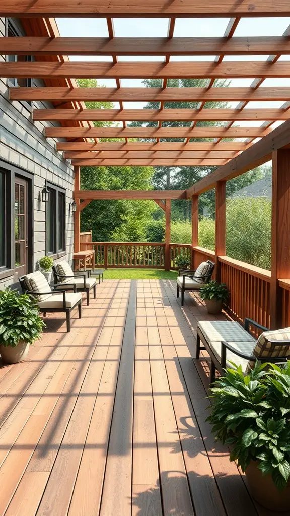 A spacious wooden deck with comfortable seating and plants, surrounded by greenery.