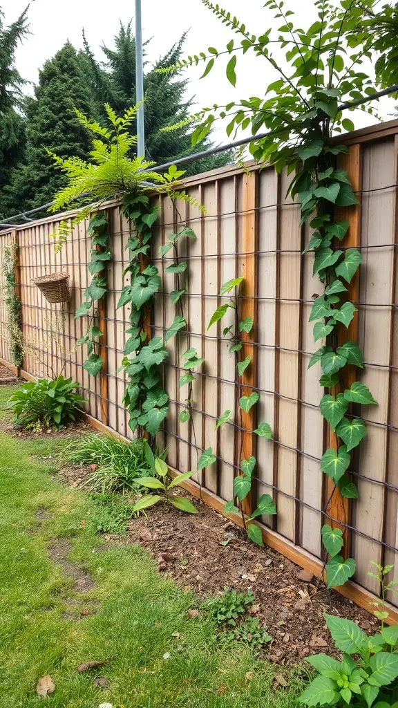 A wooden fence with climbing plants growing on it, showcasing a small garden idea.