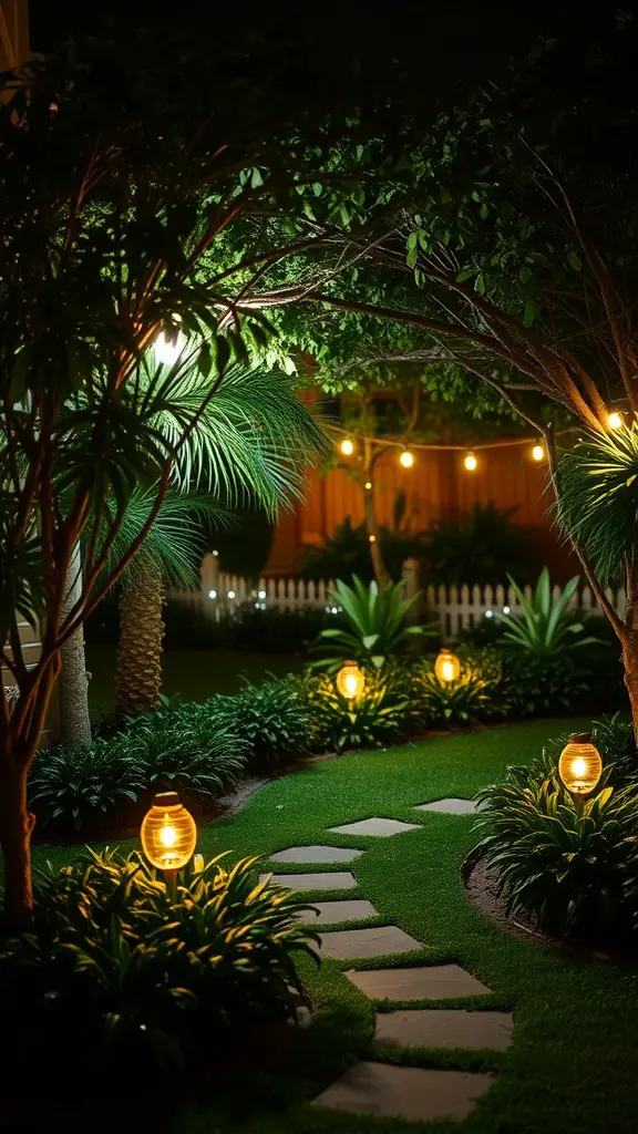A beautifully lit garden path at night, featuring lanterns and lush greenery.