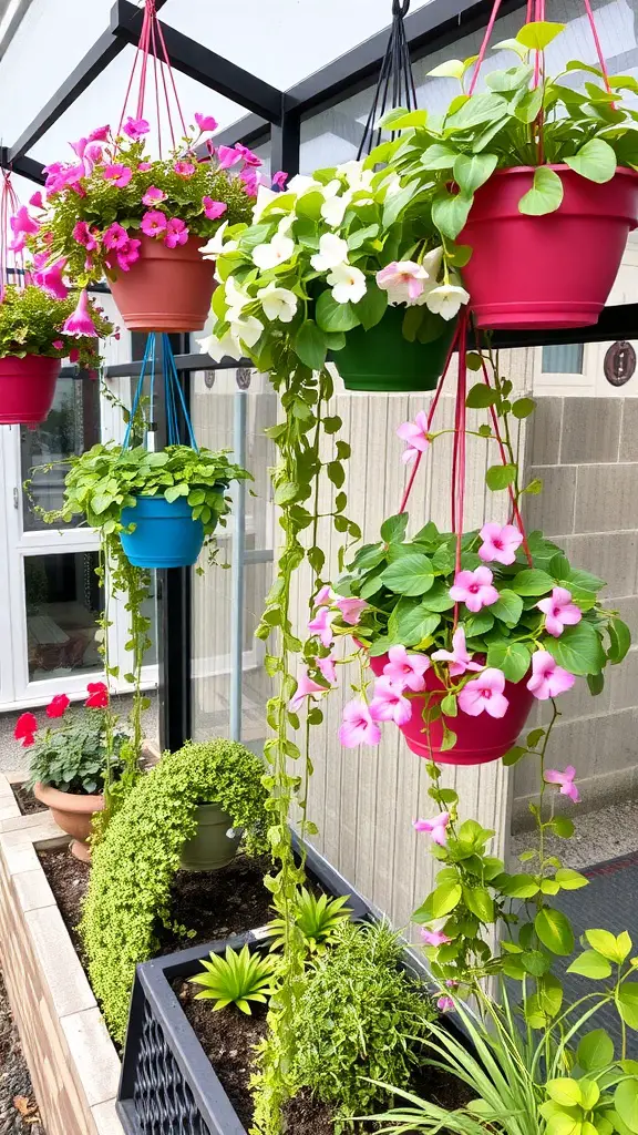 Colorful hanging baskets filled with flowers and greenery in a small garden setting.