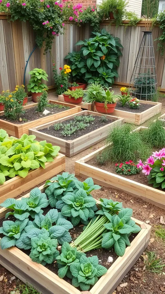 A small garden featuring several raised beds filled with various plants, including leafy greens and colorful flowers.