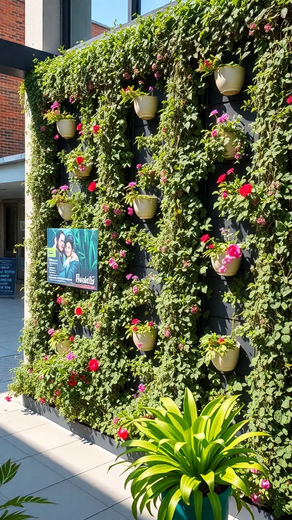 A vertical garden wall with colorful flowers in pots, showcasing lush greenery.