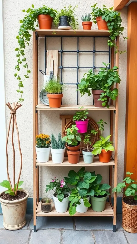 A wooden shelving unit filled with various potted plants, showcasing vertical gardening.