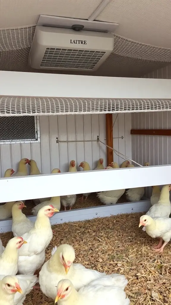 Chicks in a brooder with a ventilation system