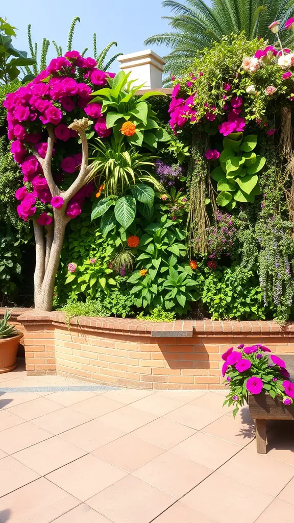 A vibrant vertical garden wall featuring pink flowers and lush greenery, enhancing an outdoor patio space.