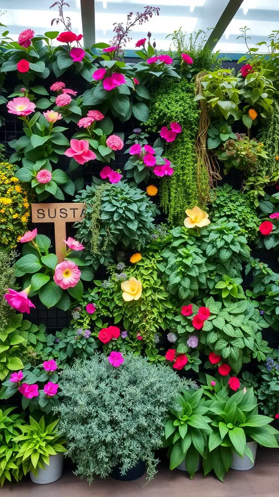 A vibrant vertical garden wall filled with various colorful flowers and lush green plants.