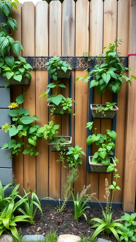 Vertical garden with wall-mounted planters filled with various plants on a wooden fence.