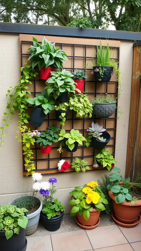 Vertical garden with various plants in colorful pots arranged on a wall-mounted grid.
