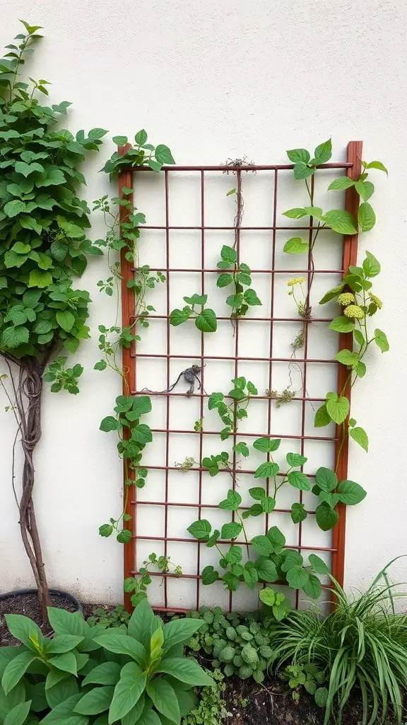 A trellis with climbing plants against a wall in a small garden.