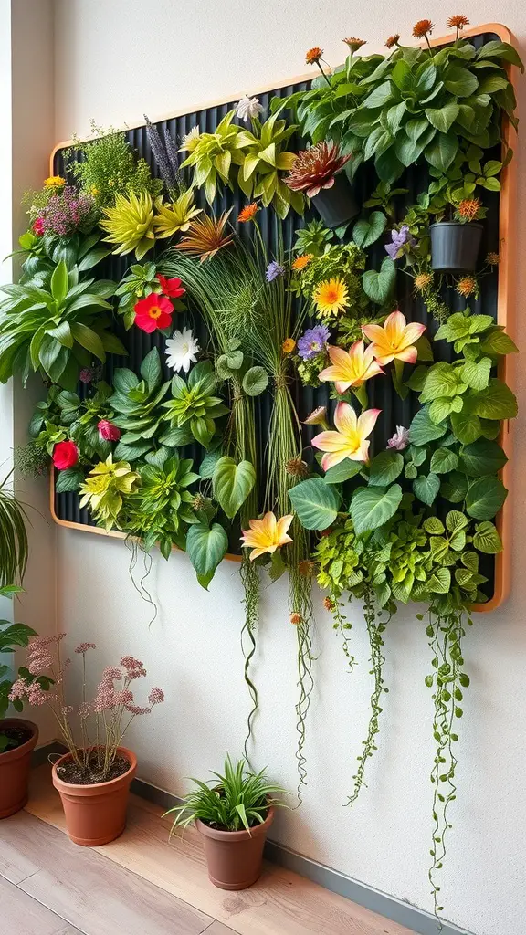 A vibrant vertical garden with various colorful flowers and green plants mounted on a wall.