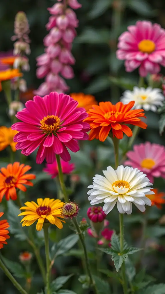 A colorful display of seasonal flowers in a garden, featuring pink, orange, and white blooms against green foliage.