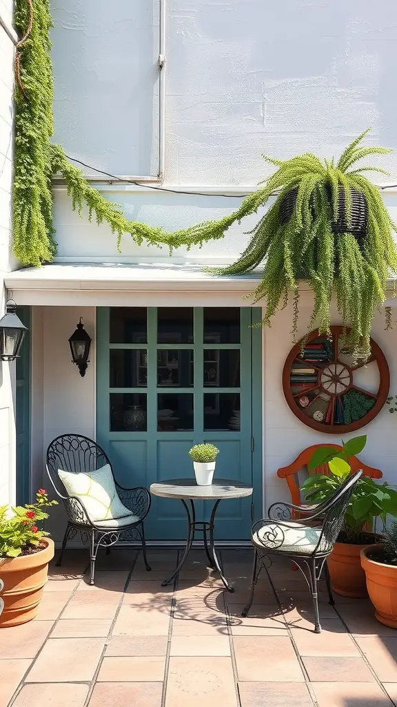 A cozy outdoor patio featuring vintage wrought-iron furniture, a small round table, and vibrant potted plants.