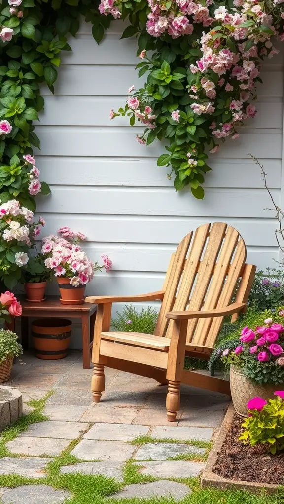 A cozy corner in a cottagecore garden featuring a wooden chair surrounded by colorful flowers and plants.