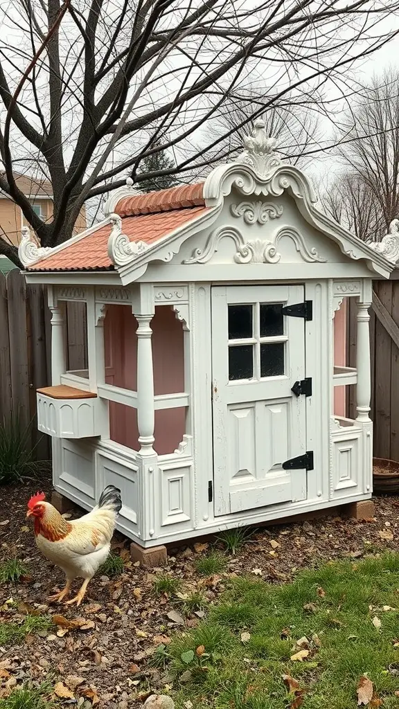 A vintage Victorian-style chicken coop with ornate details and a rooster in front.