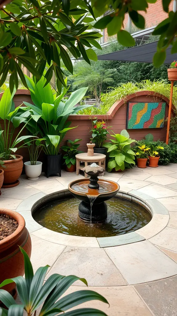A tranquil outdoor patio featuring a fountain surrounded by greenery and comfortable seating.