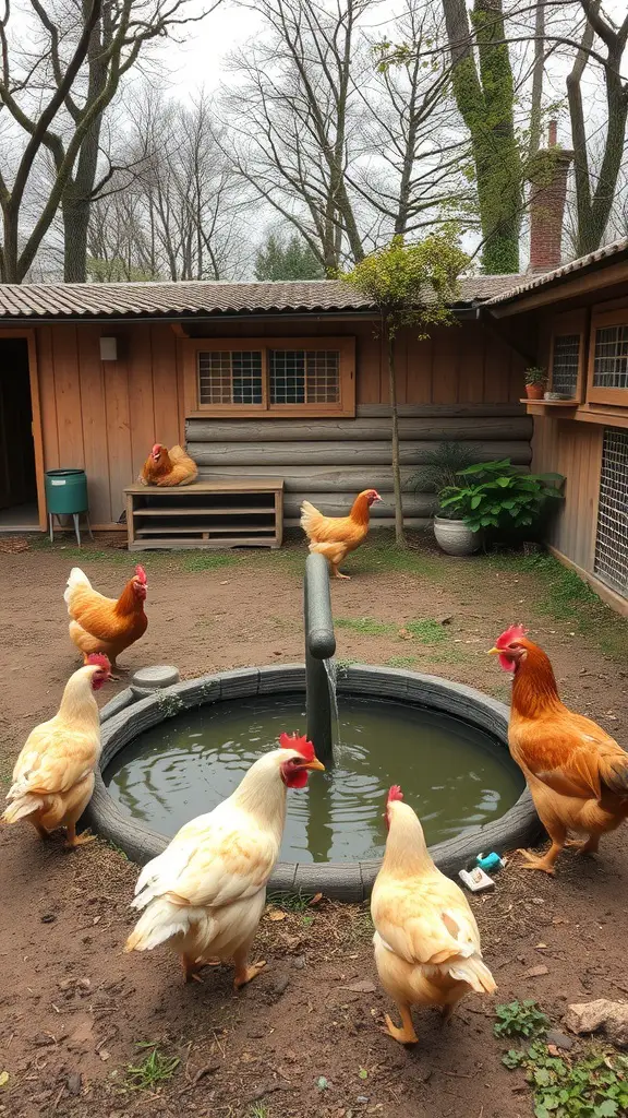 Chickens around a circular water feature in a chicken run