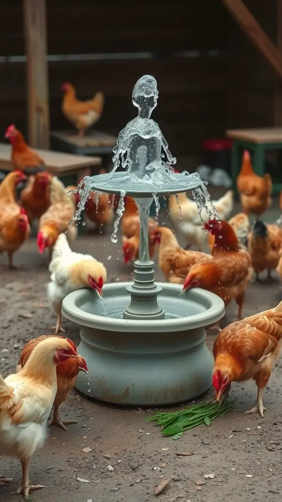 A fountain surrounded by chickens, providing hydration and play.