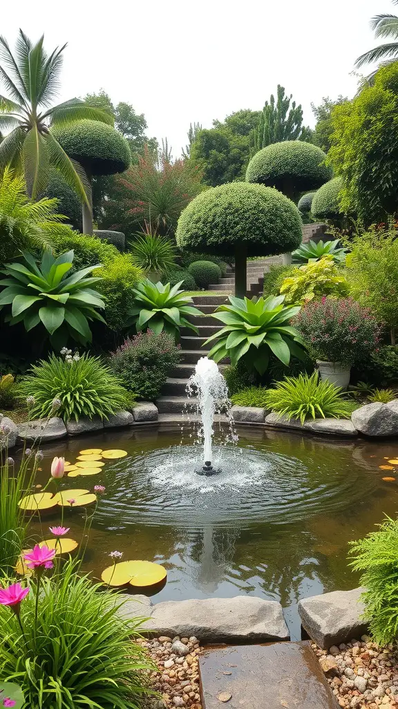 A serene garden featuring a central fountain in a pond, surrounded by lush green plants and colorful flowers.