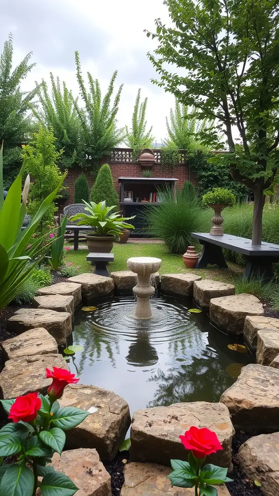 A small garden featuring a pond with a fountain, surrounded by stones and blooming red roses.