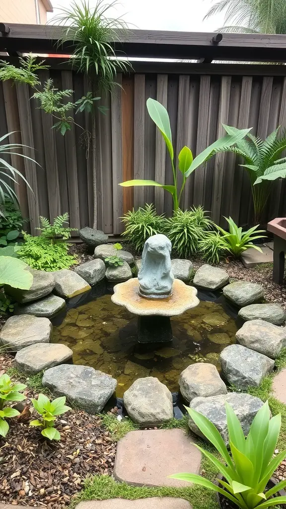A small pond with a fountain surrounded by stones and plants in a backyard.