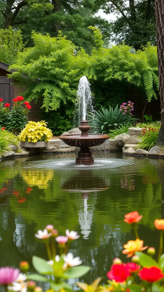A tranquil garden scene featuring a fountain in a pond surrounded by colorful flowers and lush greenery.