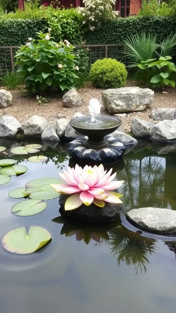 A serene pond with a fountain and a pink lotus flower surrounded by greenery.