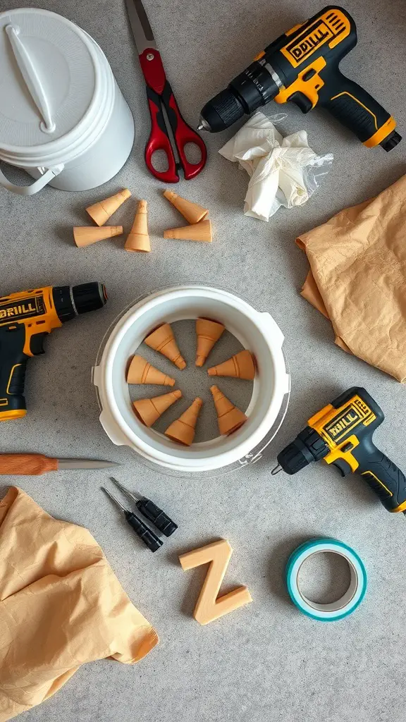 A collection of materials for making a DIY chicken waterer, including a 5-gallon bucket, plastic cones, scissors, and drills.