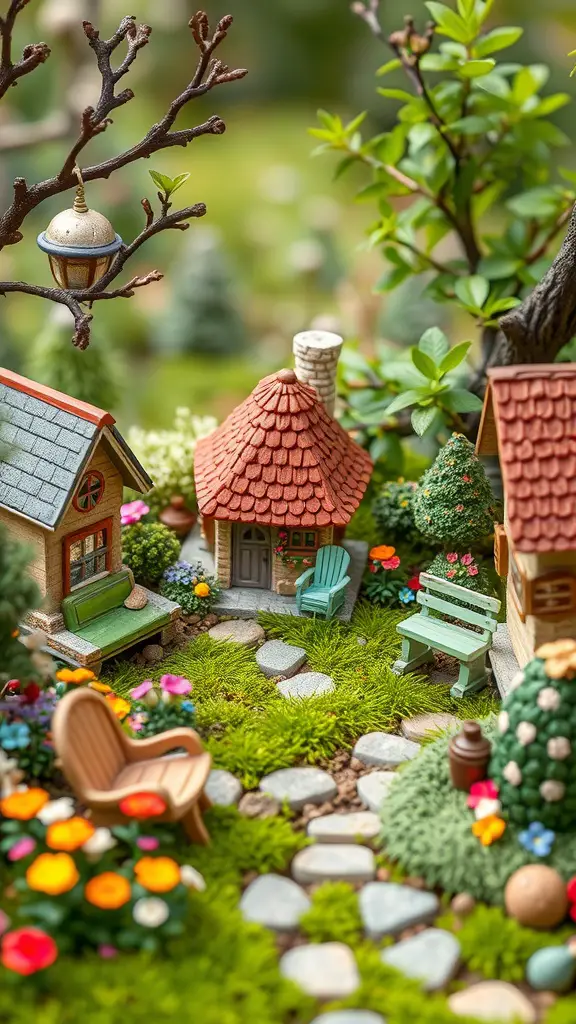 A miniature fairy garden with colorful houses, flowers, and a winding stone path.