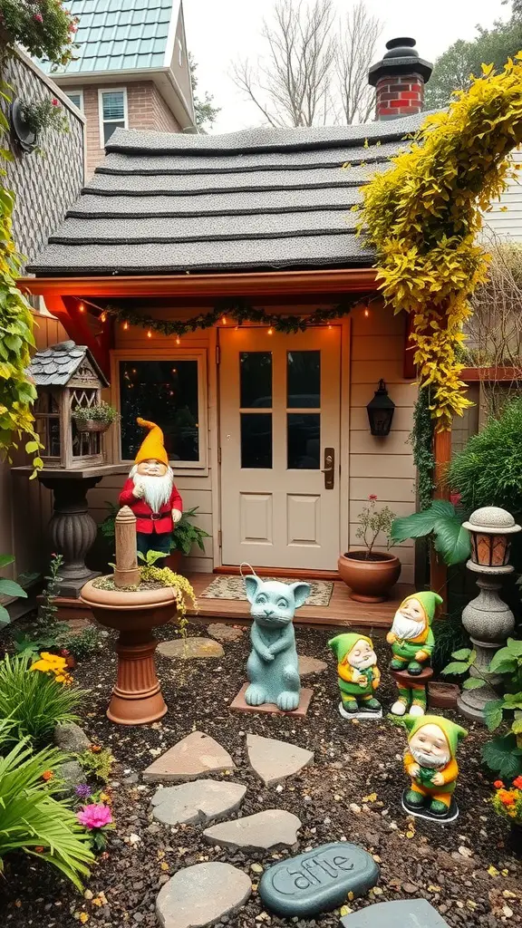 A small cottage garden with colorful flowers, gnomes, and a fountain, creating a whimsical atmosphere.