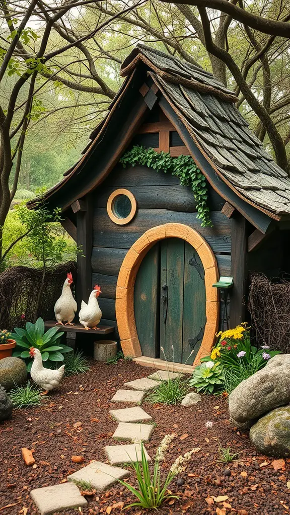 A whimsical hobbit house chicken coop with a rounded door, surrounded by flowers and chickens.
