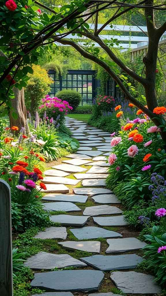 A stone pathway surrounded by colorful flowers in a lush garden