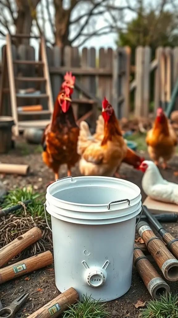 A 5-gallon bucket surrounded by gardening tools and chickens in a backyard setting.