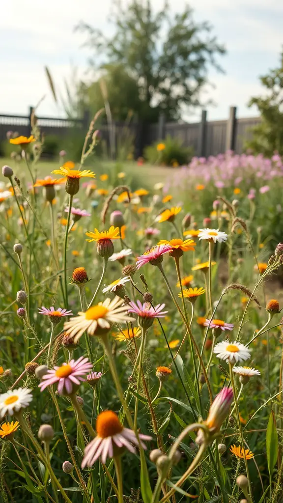 A vibrant wildflower meadow filled with colorful flowers in a sunny garden.