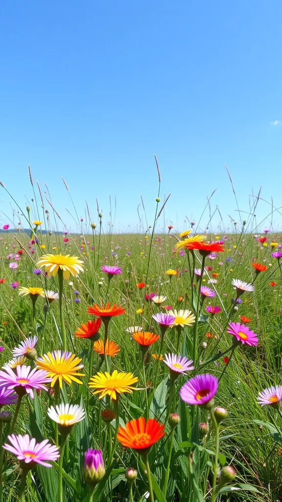 A vibrant wildflower meadow with colorful flowers under a blue sky.