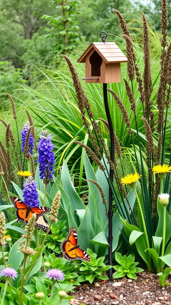 A vibrant garden with a birdhouse, colorful flowers, and butterflies.
