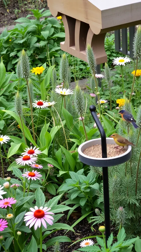 A colorful garden with flowers and a bird feeder attracting birds.