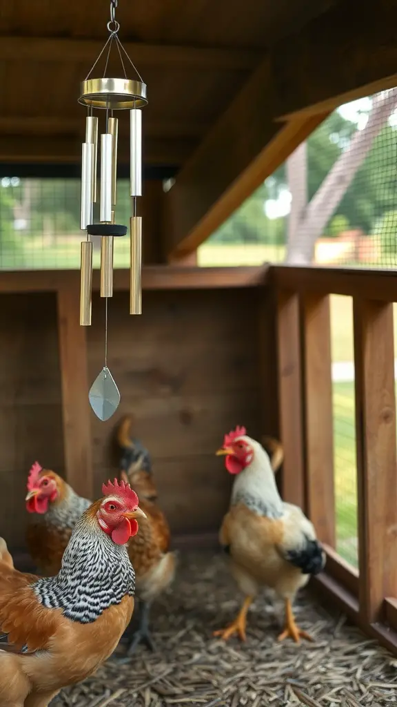 Chickens in a coop with wind chimes hanging above them.