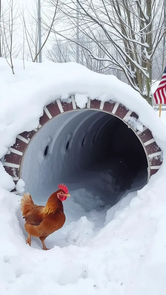 A chicken standing outside a snowy tunnel with a brick entrance.