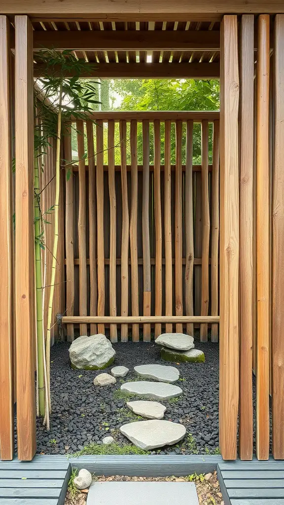 A Zen garden chicken cage featuring wooden slats, a stone pathway, and bamboo plants.