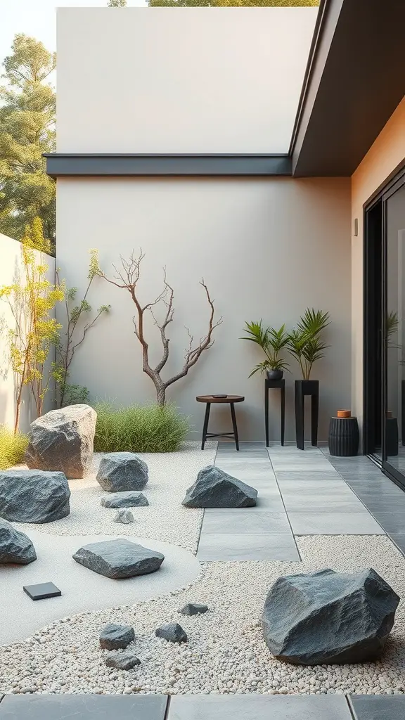 A serene Zen garden with rocks, gravel, and minimalist plants on an outdoor patio.