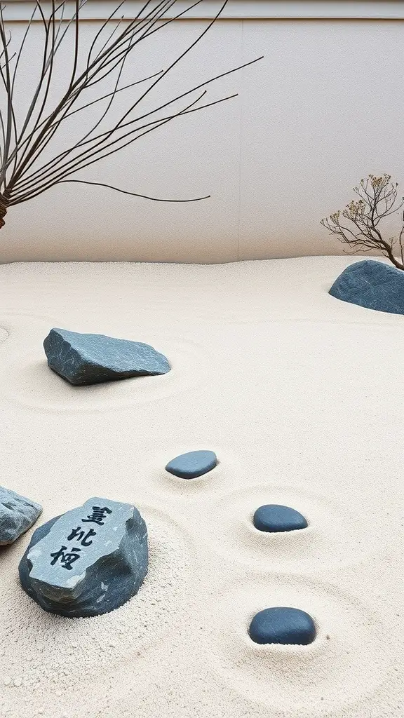 A Zen garden featuring smooth stones, raked sand, and bare branches.