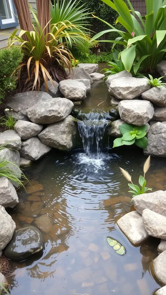 A tranquil pond with a waterfall, surrounded by rocks and plants.