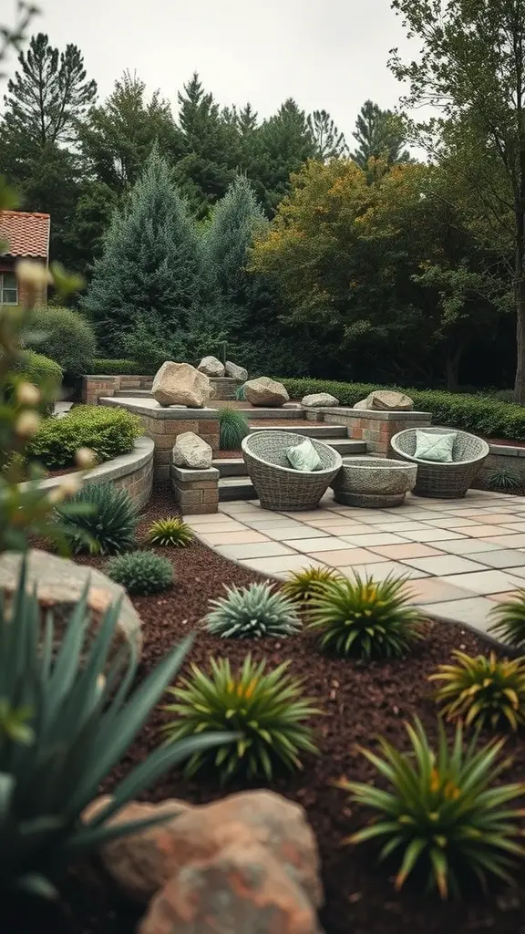 A landscaped outdoor area featuring a stone patio, seating, and various plants.