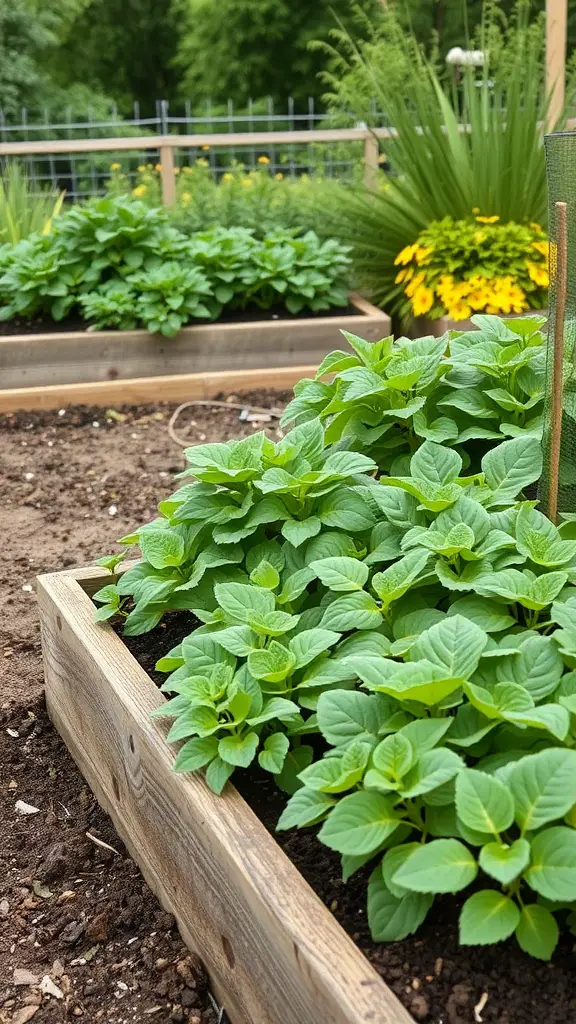 A lush raised garden bed filled with green plants, surrounded by a well-maintained garden.