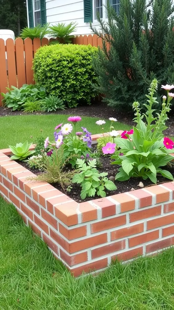 A brick raised garden bed filled with colorful flowers, surrounded by green grass and shrubs.