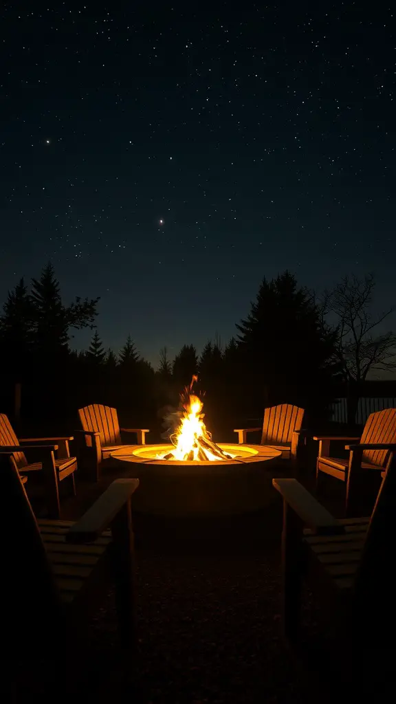 A cozy fire pit area at night with wooden chairs and a glowing fire surrounded by stars.