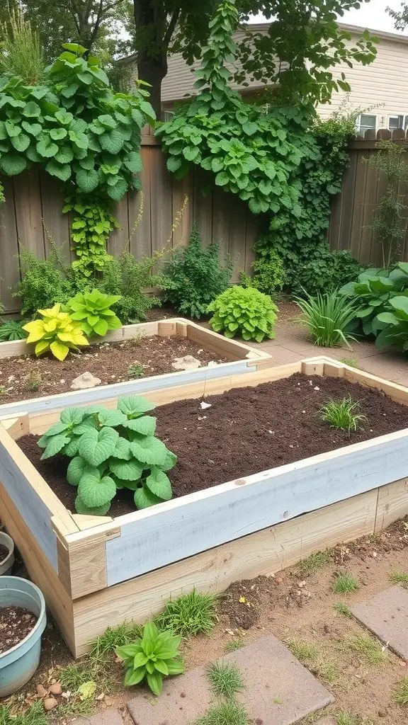 Two wooden raised garden beds filled with soil and surrounded by green plants.